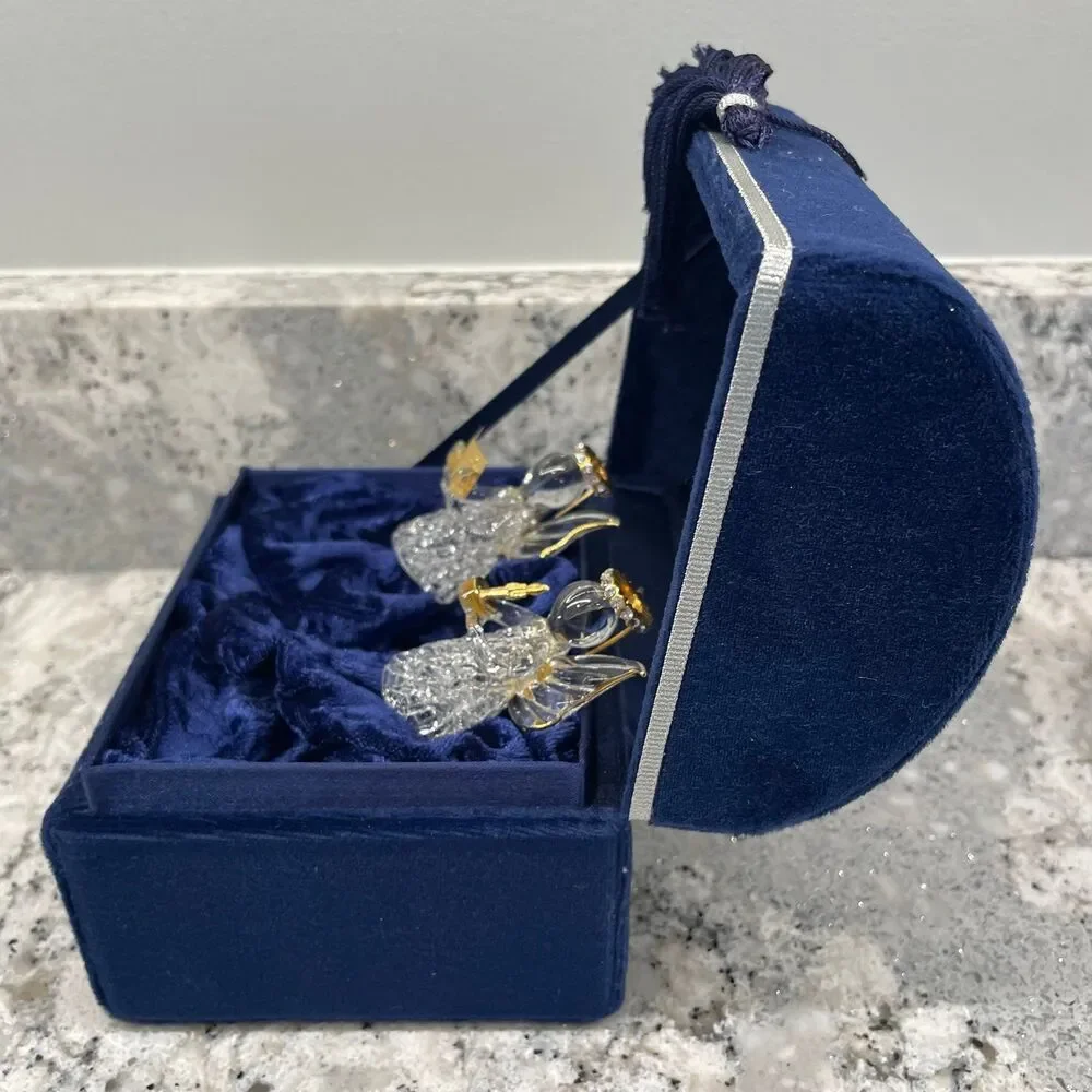 Vtg Hand Spun Glass Angels 18K Gold Swarovski Crystal Blue Velvet Music Box